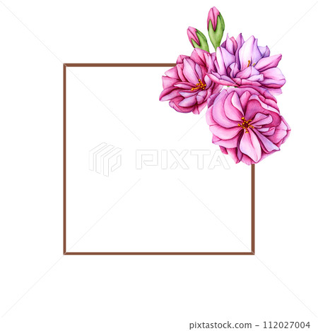 Decoration light pink cherry blossom flowers frame. Watercolor botanical illustration Japanese Sakura flowers in spring. Hand drawn flower buds, petals cherry blossoms 112027004