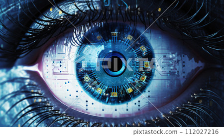Close-up of the human eye with a circuit board. 3d rendering, Concept of future technology. Blue staring cyber eye, Cyberpunk style self-aware robot eye. - Ai Generated Close-up of the human eye with a circuit board. 3d rendering, Concept of future technology. Blue staring cyber eye, Cyberpunk style self-aware robot eye. - Ai Generated 112027216