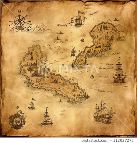 Vintage retro pirate treasure map, dark paper with mysterious drawings, path to wealth 112027275