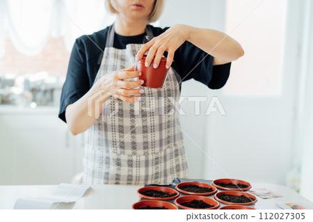 Close up woman putting stickers notes on pots at home kitchen. Preparing for new kitchen garden season. Sowing seeds. Urban farming lifestyle. Growing organic vegetables. Soft selective focus. 112027305