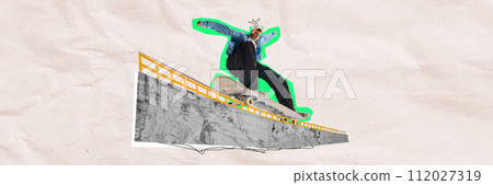 Skateboarder with doodle crown making tricks over monochrome urban background. Contemporary art collage. Skateboarder with doodle crown making tricks over monochrome urban background. Contemporary art collage. 112027319