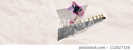 Dynamic image of young guy in motion with pink outline, skateboarder training against urban background. Contemporary art collage. Dynamic image of young guy in motion with pink outline, skateboarder training against urban background. Contemporary art collage. 112027326