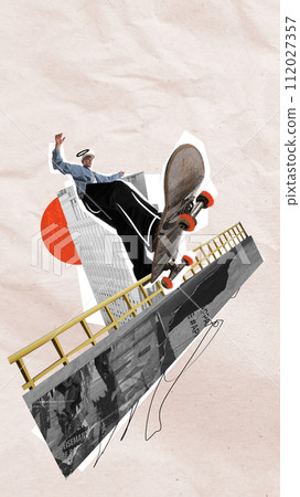 Skateboarder in casual clothes performing trick over urban background with abstract elements. Contemporary art collage. Skateboarder in casual clothes performing trick over urban background with abstract elements. Contemporary art collage. 112027357
