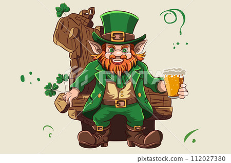 A leprechaun in a green hat with a glass of foaming beer in his hand is sitting on a chair made of a stump. 112027380