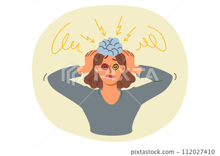 Brain explosion of shocked woman clutching head due to problems with psychological stability 112027410