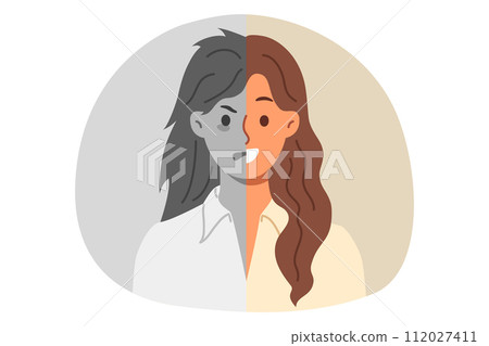 Emotional difference on face of woman suffering from sudden change in mood or split personality 112027411
