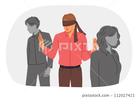 Blindfolded man wanders among colleagues, feeling insecure due to lack professional qualifications 112027421