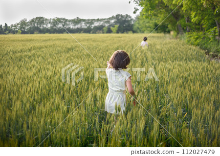 rear view of two girls with short dark hair walking in wheat field 112027479