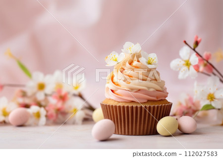 AI-generated content. Easter cupcakes decorated blossom spring flowers and eggs on pastel pink background. Greeting card. Close up. Easter celebrations. 112027583