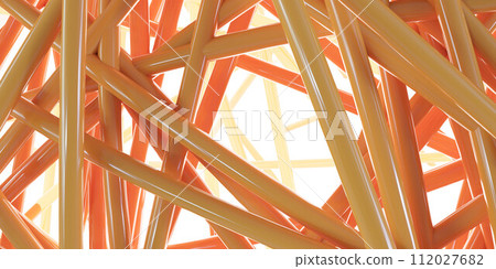 Intricate network of orange metallic beams against a pale background 3d render illustration 112027682