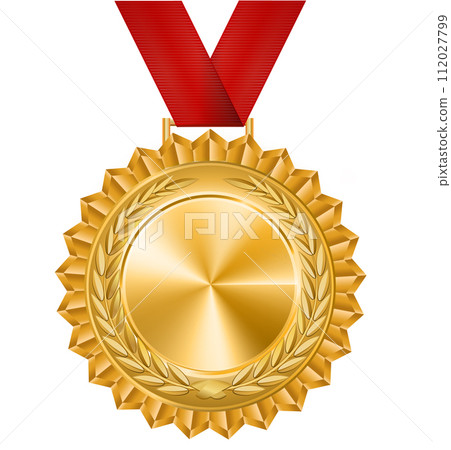 Vector gold medal with a red ribbon. Laurel wreath. Award for the victory.Winner. Vector gold medal with a red ribbon. Laurel wreath. Award for the victory.Winner. 112027799