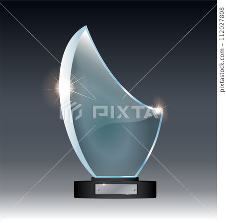 Blank tall glass trophy mockup. Empty acrylic award design mock up. Transparent crystal prize plate template. 112027808