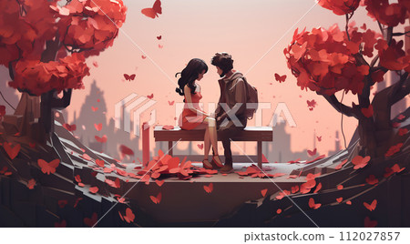 Autumnal Love: Couple on a Park Bench 112027857