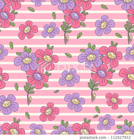 Seamless pattern with bouquet of flowers on striped pink background. Vector illustration. 112027932