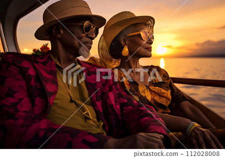Vibrant Senior Couple Enjoying a Sunset Cruise. Black History Month concept 112028008