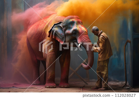 Vibrant Elephant Bursting with Colorful Powder Vibrant Elephant Bursting with Colorful Powder 112028027
