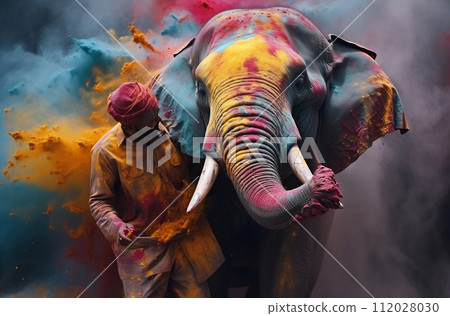 Vibrant Elephant Bursting with Colorful Powder Vibrant Elephant Bursting with Colorful Powder 112028030