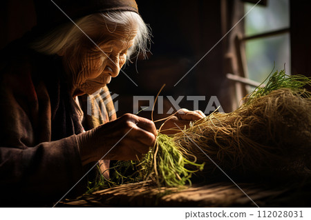 Elderly Woman Preparing Grass Bundle 112028031
