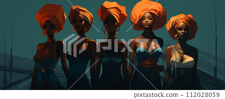 Silhouettes of African Women in Sunset Savannah. Black History Month concept Silhouettes of African Women in Sunset Savannah. Black History Month concept 112028059