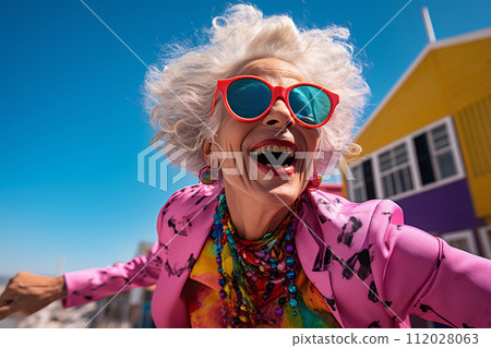Joyful Senior Lady in Colorful Summer Attire Joyful Senior Lady in Colorful Summer Attire 112028063