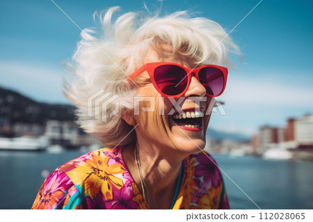 Joyful Senior Woman with Sunglasses by the Harbor 112028065