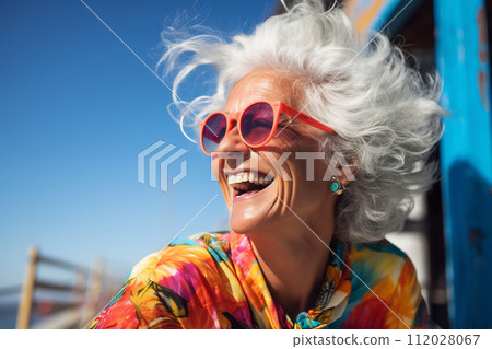 Joyful Senior Lady in Colorful Summer Attire Joyful Senior Lady in Colorful Summer Attire 112028067