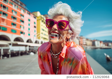 Stylish Senior Woman Enjoying Seaside Stylish Senior Woman Enjoying Seaside 112028068