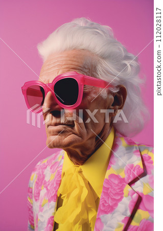 Senior Man in Pink Sunglasses and Floral Blazer 112028117