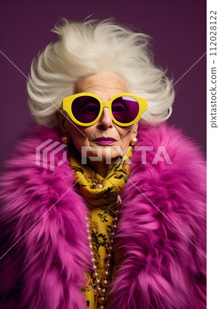 Stylish Senior Lady in Purple Fur and Floral Dress Stylish Senior Lady in Purple Fur and Floral Dress 112028122