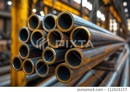 A stack of high-quality galvanized steel or metal pipes stored in an industrial setting A stack of high-quality galvanized steel or metal pipes stored in an industrial setting 112028157