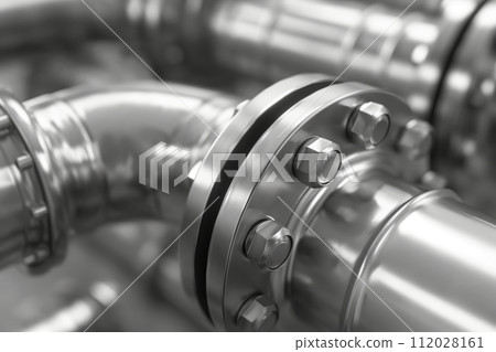 Close up of a silver toned industrial pipeline with flanges and bolts, showcasing engineering detail Close up of a silver toned industrial pipeline with flanges and bolts, showcasing engineering detail 112028161