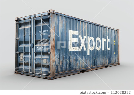 Rusty blue shipping container with Export text, high detail, isolated on white 112028232