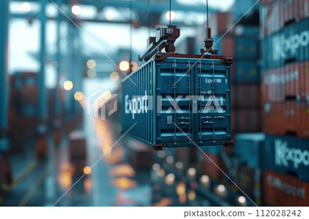 Container with Export on trailer in shipping yard with cranes and ships 112028242