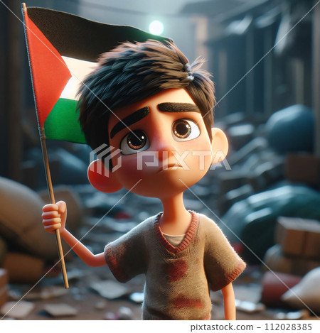 AI-generated content. Virtual boy with Palestinian flag, inspired by 3D animation, realistic lighting, detailed facial expressions, poverty backdrop, generative AI 112028385