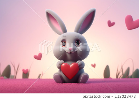 Valentine's day card with bunny. Rabbit cartoon collection. Small lovely rabbit with hearts 112028478