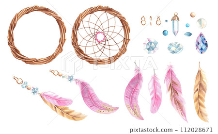 Watercolor hand drawn dream catcher set with pink and beige feathers, crystals, glass beads and golden rings. Design elements isolated on white background. Watercolor hand drawn dream catcher set with pink and beige feathers, crystals, glass beads and golden rings. Design elements isolated on white background. 112028671
