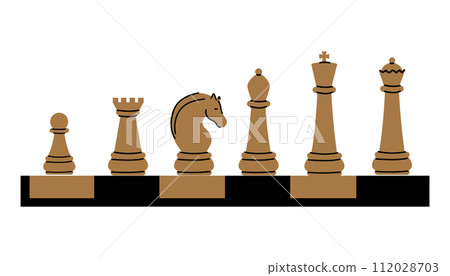A cute cartoon style set of chess figures on wooden board. Pawn, rook, bishop, knight, queen, king, horse icons. 112028703