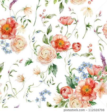 Watercolor seamless pattern of bouquet with peony, ranunculus and leaves. Hand painted floral elements isolated on white background. Flower illustration for design, print, fabric and background. 112028708