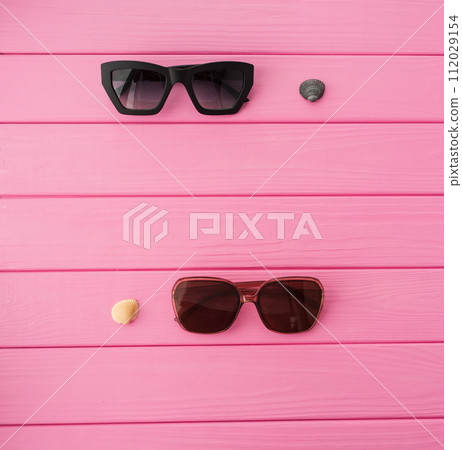 Summer abstract background mockup template sunglasses fashionable with seashells 112029154