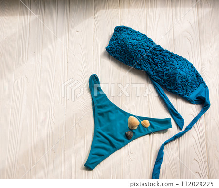 Women split multicolor blue swimsuit bikini. Summer background mockup template 112029225