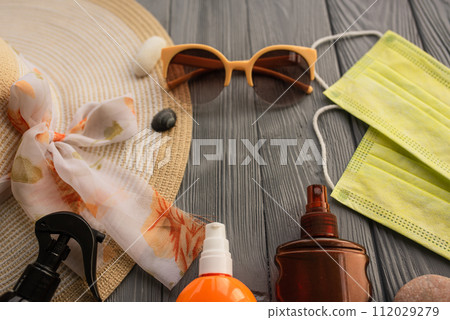 New normal covid face mask hat bag sun protection sunglasses sunscreen spray lotion tan 112029279