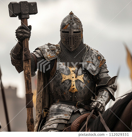 Fantasy knight armed with a war hammer riding a war horse 112029331
