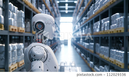 A humanoid robot works in a warehouse. Robotic system working in warehouses, artificial intelligence technology concept. 112029336