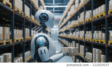 A humanoid robot works in a warehouse. Robotic system working in warehouses, artificial intelligence technology concept. 112029337