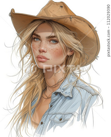Beautiful Cowgirl illustration, sketch. Beautiful Cowgirl illustration, sketch. 112029390