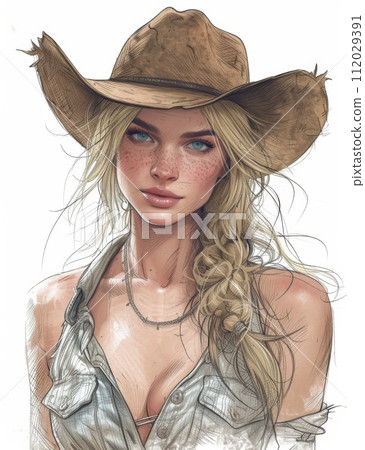 Beautiful Cowgirl illustration, sketch. 112029391