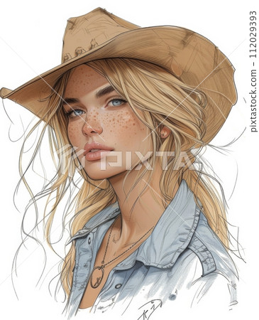 Beautiful Cowgirl illustration, sketch. Beautiful Cowgirl illustration, sketch. 112029393