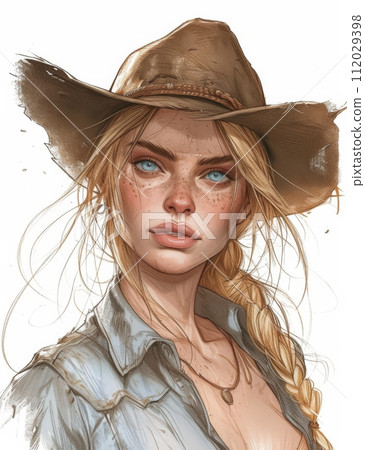 Beautiful Cowgirl illustration, sketch. 112029398
