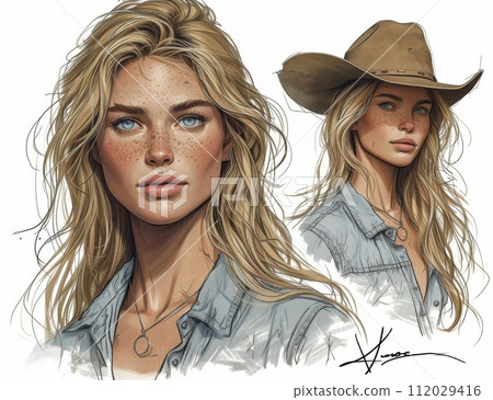 Beautiful Cowgirl illustration, sketch. Beautiful Cowgirl illustration, sketch. 112029416