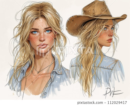 Beautiful Cowgirl illustration, sketch. 112029417